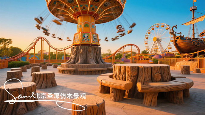 jimeng-2025-06-08-139-游樂園的仿木景觀由大小不一的圓形水泥仿木樹墩鋪成，巨大的游樂項目的底座是用更巨大的水泥仿木制作，水泥仿木木樁堆疊成的長凳，保留了原木形態。大轉盤的底座和如過....jpeg
