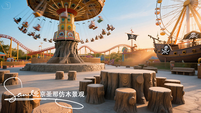 jimeng-2025-06-08-144-游樂園的仿木景觀由大小不一的圓形水泥仿木樹墩鋪成，巨大的游樂項目的底座是用更巨大的水泥仿木制作，水泥仿木木樁堆疊成的長凳，保留了原木形態。大轉盤的底座和如過....jpeg
