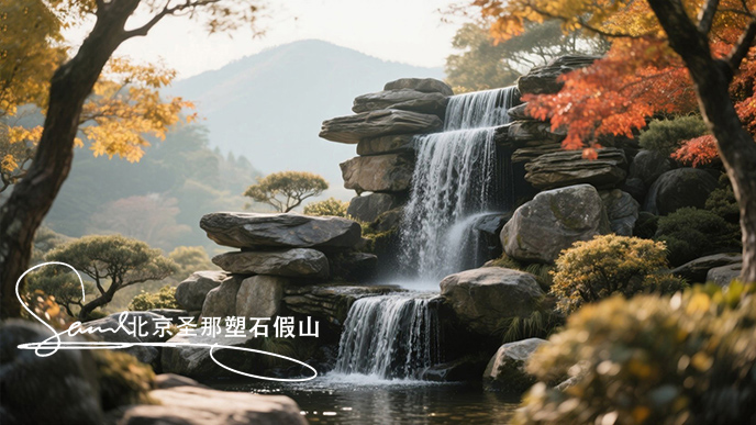 jimeng-2025-06-08-270-瀑布由大小不一的千層石堆疊而成，水流從上層千層石巖石傾瀉至下層，形成優美的水簾效果。周圍環境充滿自然氣息，樹木枝葉呈現出秋天的金黃與橙紅色調 ，陽光透過枝葉....jpeg