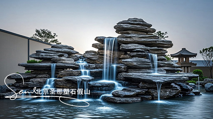1749629262846658.jpeg jimeng-2025-06-08-902-這是一處富有特色的天然千層石的假山,石頭是和太湖石一樣有自然橫向紋理,是用真正的天然假山石頭制作,能有明顯的凸凹。水流從上層緩緩流下,落入下層的石池中。背景....jpeg