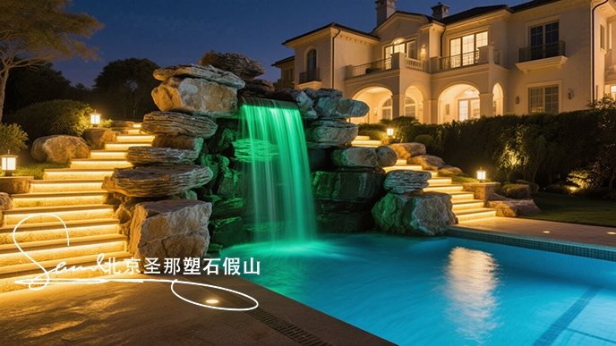 jimeng-2025-06-08-958-這是一座戶外景觀泳池，整體設(shè)計(jì)極具特色。泳池以千層石假山石造型構(gòu)建池壁，塑造出自然山石的形態(tài)，營(yíng)造出仿佛置身于山間溪流的氛圍 。設(shè)有小型瀑布，水流從高處千層....jpeg