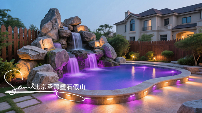 jimeng-2025-06-08-952-這是一座戶外景觀溫泉池。其造型設(shè)計(jì)獨(dú)特，以仿巖石形態(tài)構(gòu)建池壁，營(yíng)造出自然的山石氛圍 ，搭配幾處小型瀑布，水流潺潺增添靈動(dòng)之感。池內(nèi)有紫色燈光照明，營(yíng)造出夢(mèng)幻....jpeg