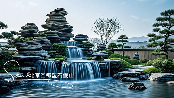 jimeng-2025-06-08-897-這是一處富有特色的天然千層石的假山，石頭是和太湖石一樣有自然橫向紋理，是用真正的天然假山石頭制作，能有明顯的凸凹。水流從上層緩緩流下，落入下層的石池中。背景....jpeg